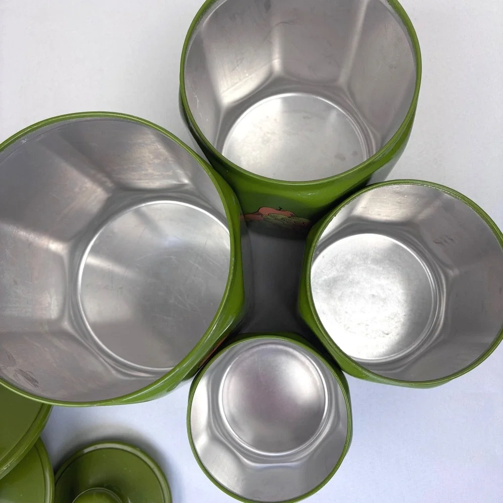 Vintage MCM‎ Kromex Metal Canister Set Fruits and Flowers Set of 4 Green